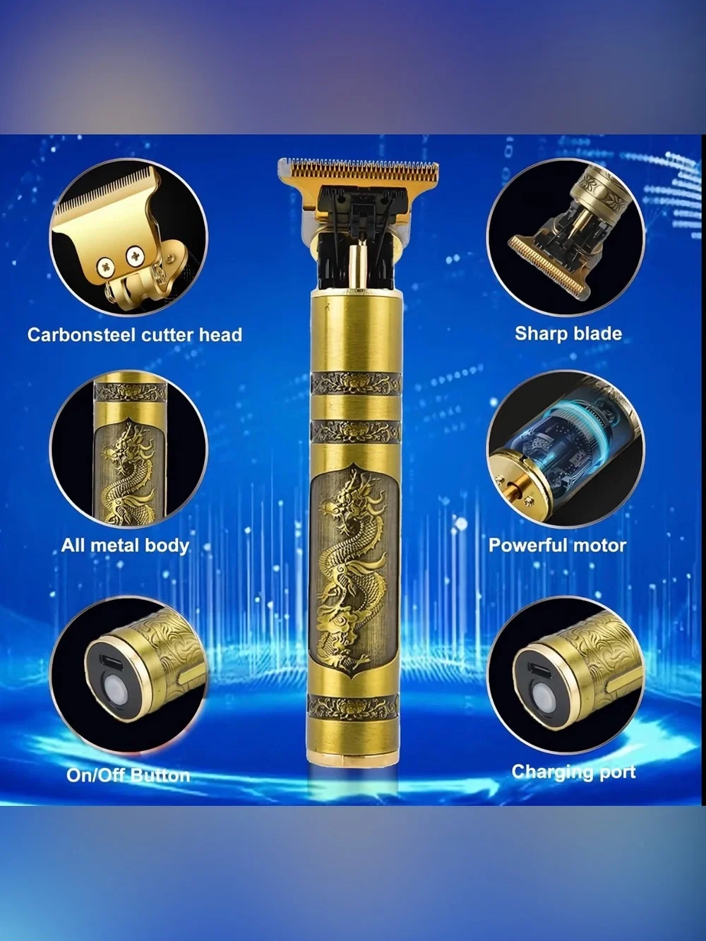 Vintage T9 Gold Dragon Men's Cordless Hair Trimmer with Styling Guards - Gold